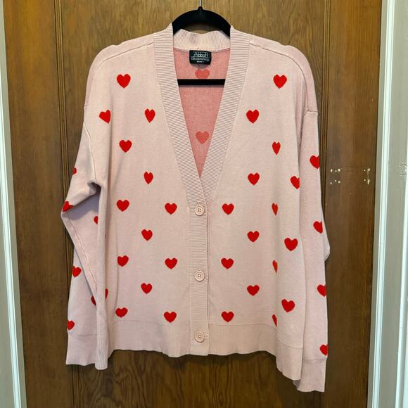 NWT Abbott Pink Heart Button Down Cardigan XS‎ Oversized Valentine's Day Teacher - Picture 1 of 10
